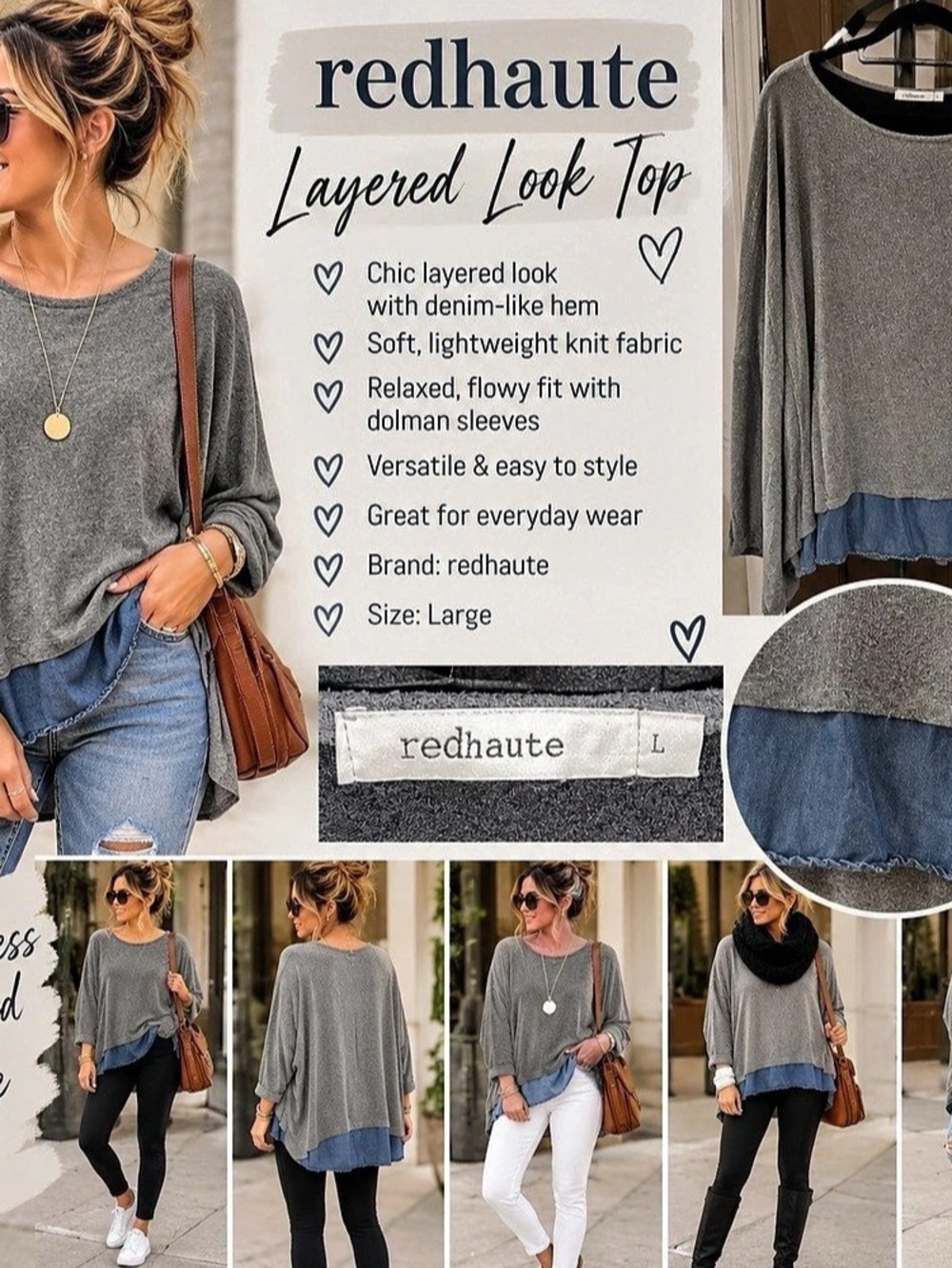 redhaute Layered Look Top Tunic Gray & Blue Large Like New